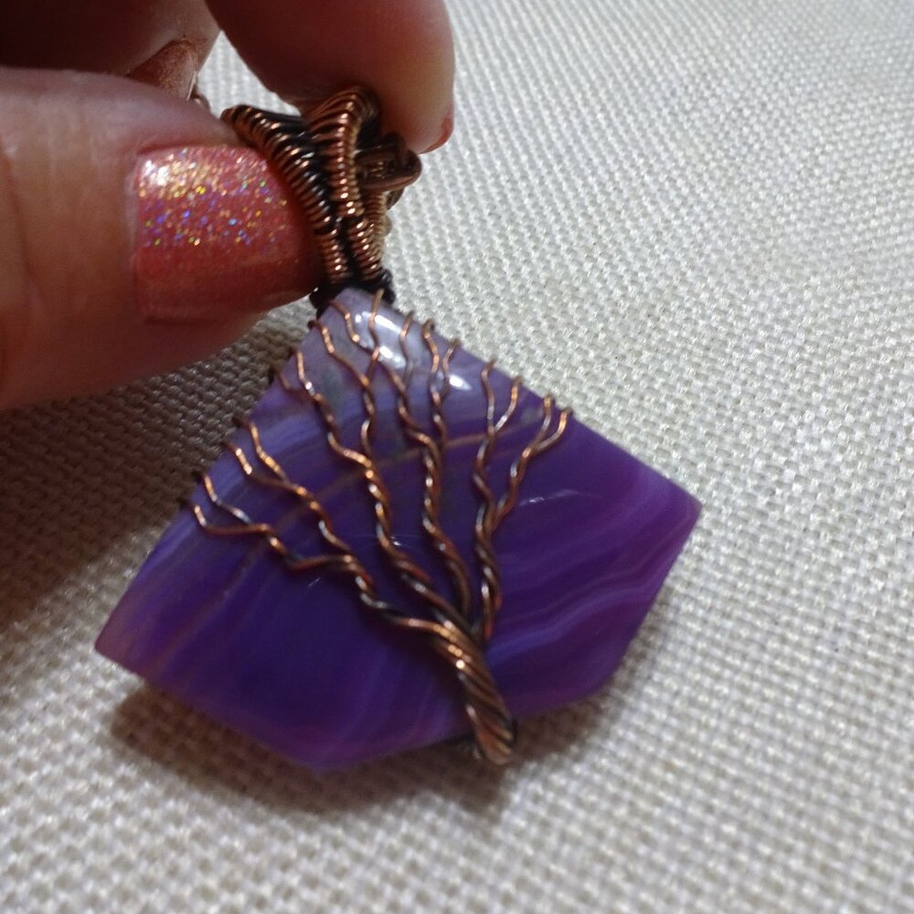 Beautiful PURPLE BOTSWANA AGATE Handmade COPPER WIRE-WRAPPED TREE Pendant/Chain